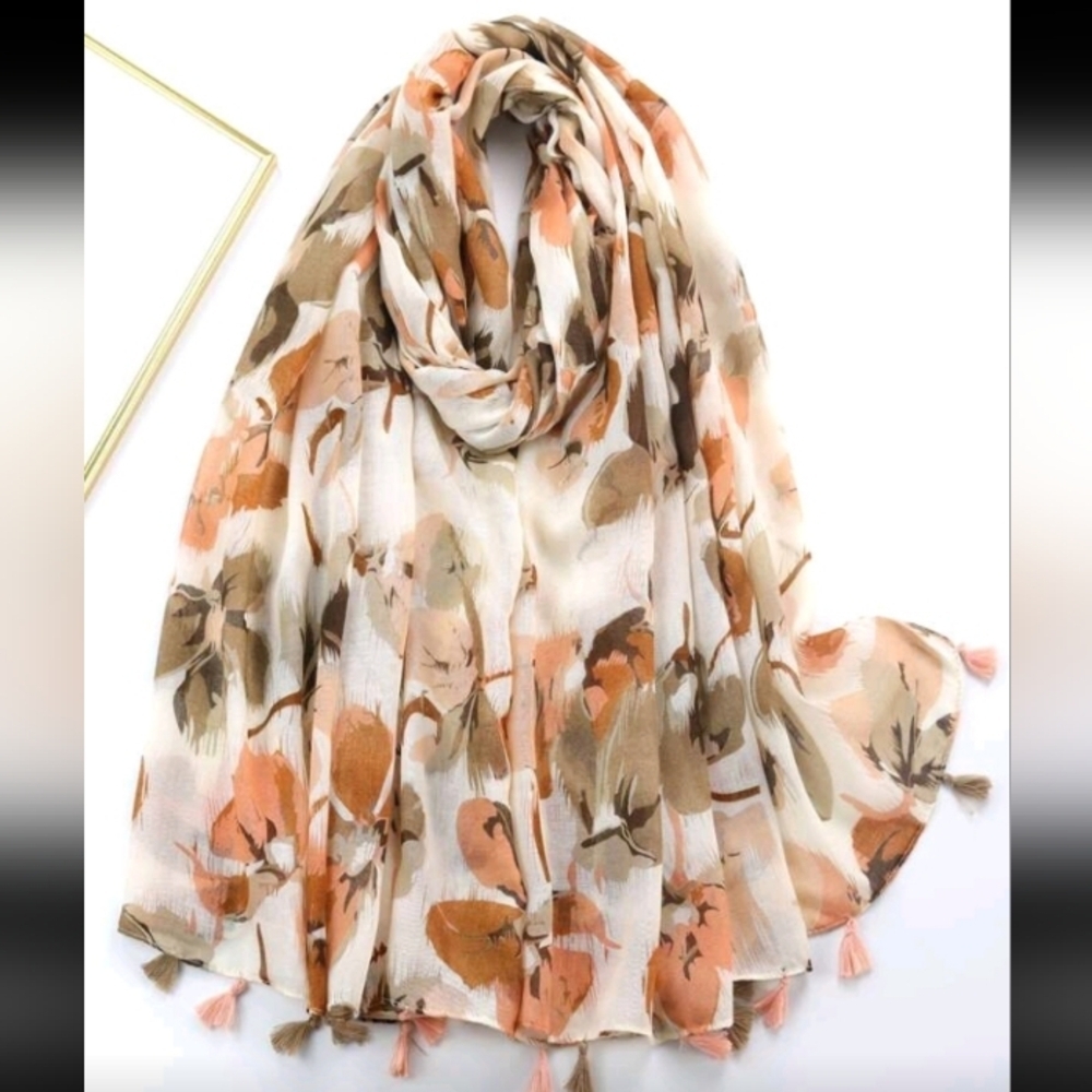 New Brown Tan White Floral Print Long Lightweight Scarf with Tassels